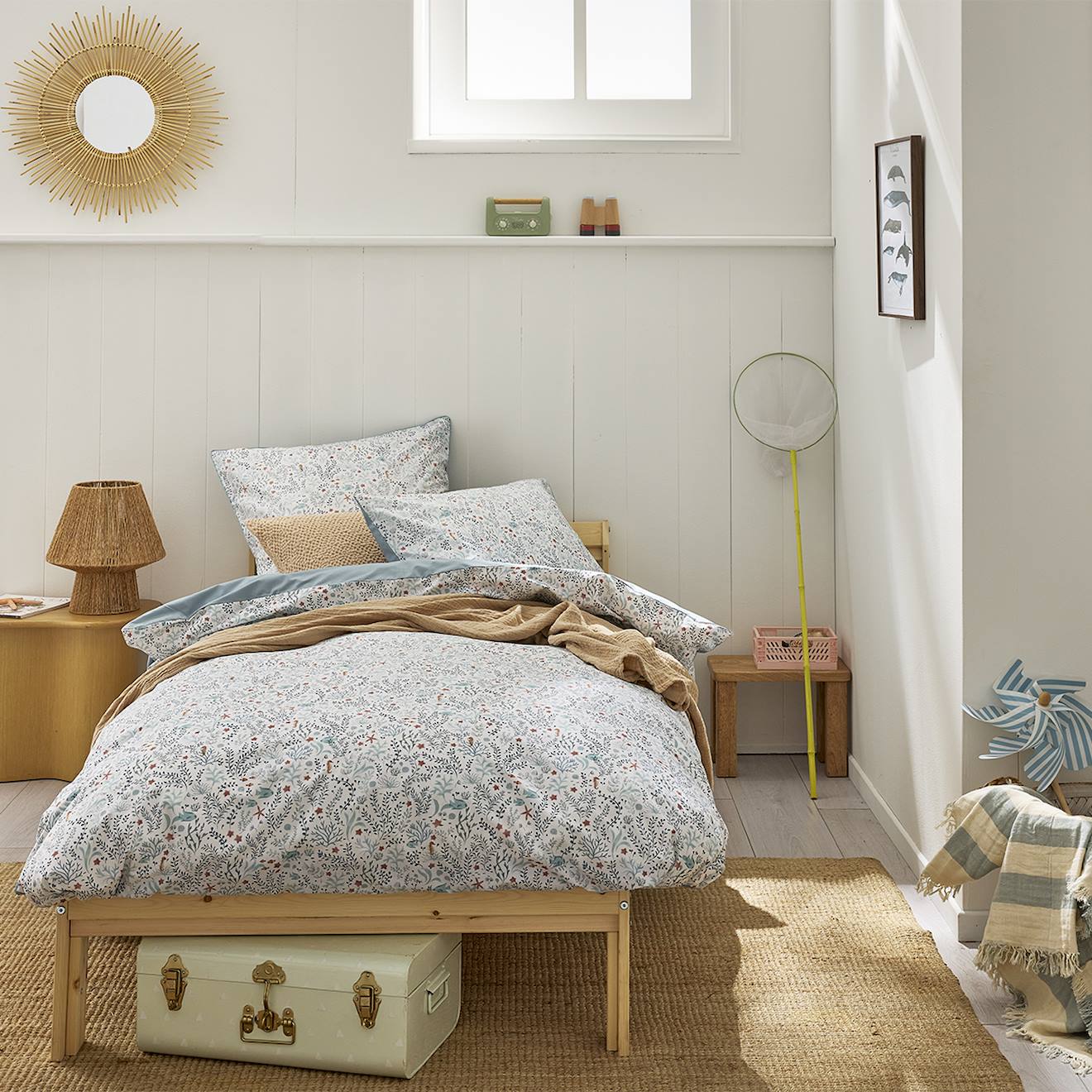 Parure De Lit Enfant Imprimée En Coton, Taie Carrée, Sous L'océan Bleu Clair