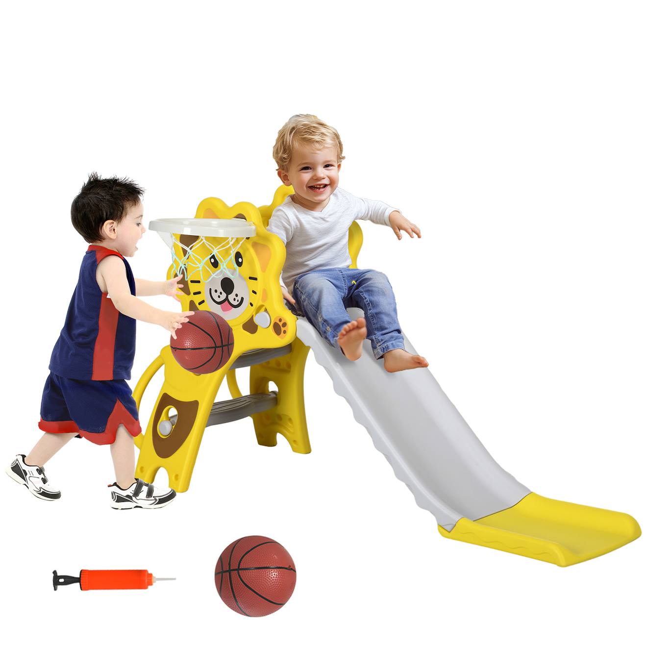 Toboggan Enfant - Panier Basket, Ballon, Pompe Inclus - Hdpe Jaune