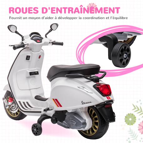 Scooter électrique enfant vespa 6v - musiques, feu av, entrée usb, radio fm - 2 roues auxiliaires Blanc+Rose+Vert 6 - vertbaudet enfant 