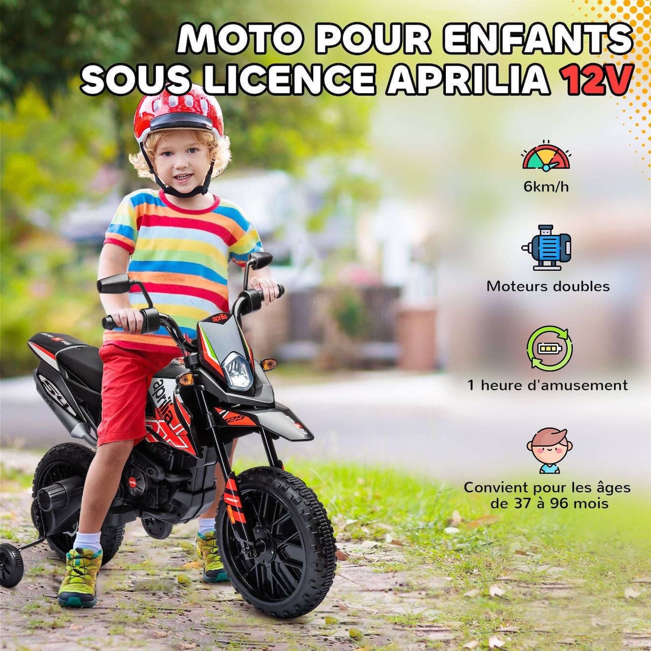 COSTWAY 12V Aprilia Moto Électrique Enfant avec Musique & Lumière, Voiture Électrique pour Enfants de 3-8 Ans, Vitesse 5,5-6 km/h, Charge 30KG (Bleu