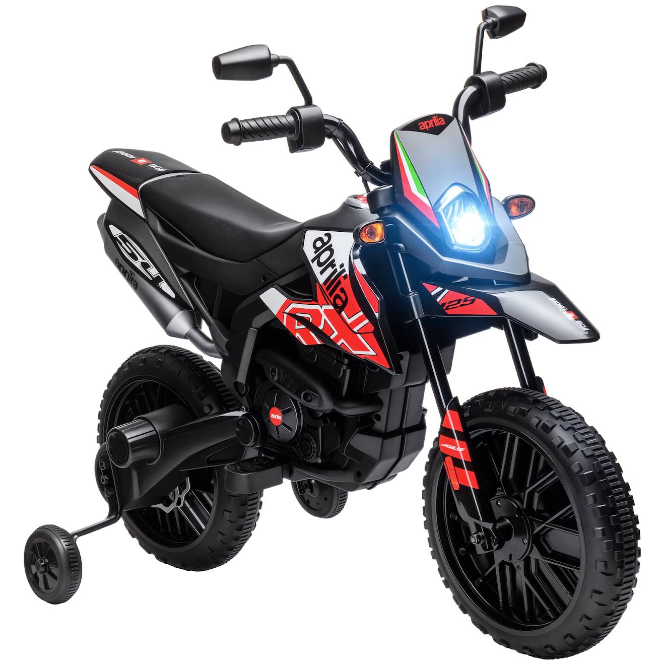 Motocross Électrique Enfant Aprilia Rx 125 Max. 6 Km/h Roues Auxiliaires Amovibles Phare Effets Sonores Rouge