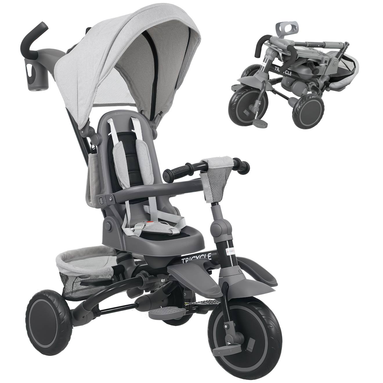 Tricycle Évolutif Pliable Réglable 6 En 1 Gris Gris