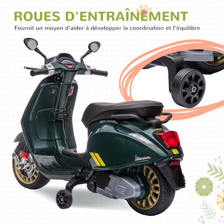 Scooter électrique enfant vespa 6v - musiques, feu av, entrée usb, radio fm - 2 roues auxiliaires Blanc+Rose+Vert 18 - vertbaudet enfant 