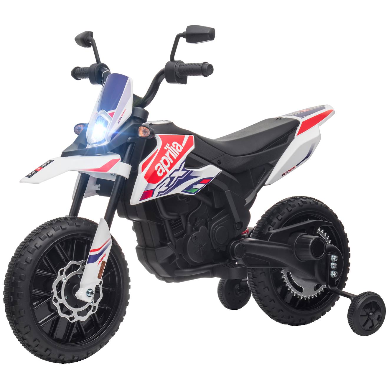 Motocross Électrique Enfant Aprilia Rx 125 Max. 6 Km/h Roues Auxiliaires Amovibles Phare Effets Sonores Blanc