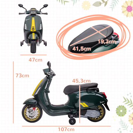 Scooter électrique enfant vespa 6v - musiques, feu av, entrée usb, radio fm - 2 roues auxiliaires Blanc+Rose+Vert 15 - vertbaudet enfant 