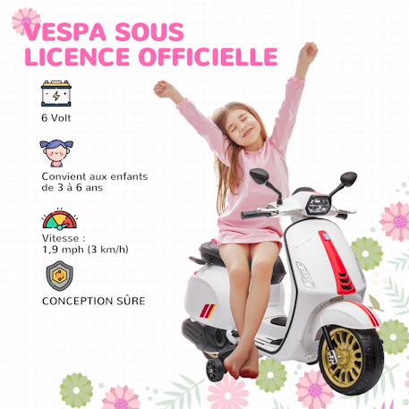 Scooter électrique enfant vespa 6v - musiques, feu av, entrée usb, radio fm - 2 roues auxiliaires Blanc+Rose+Vert 4 - vertbaudet enfant 