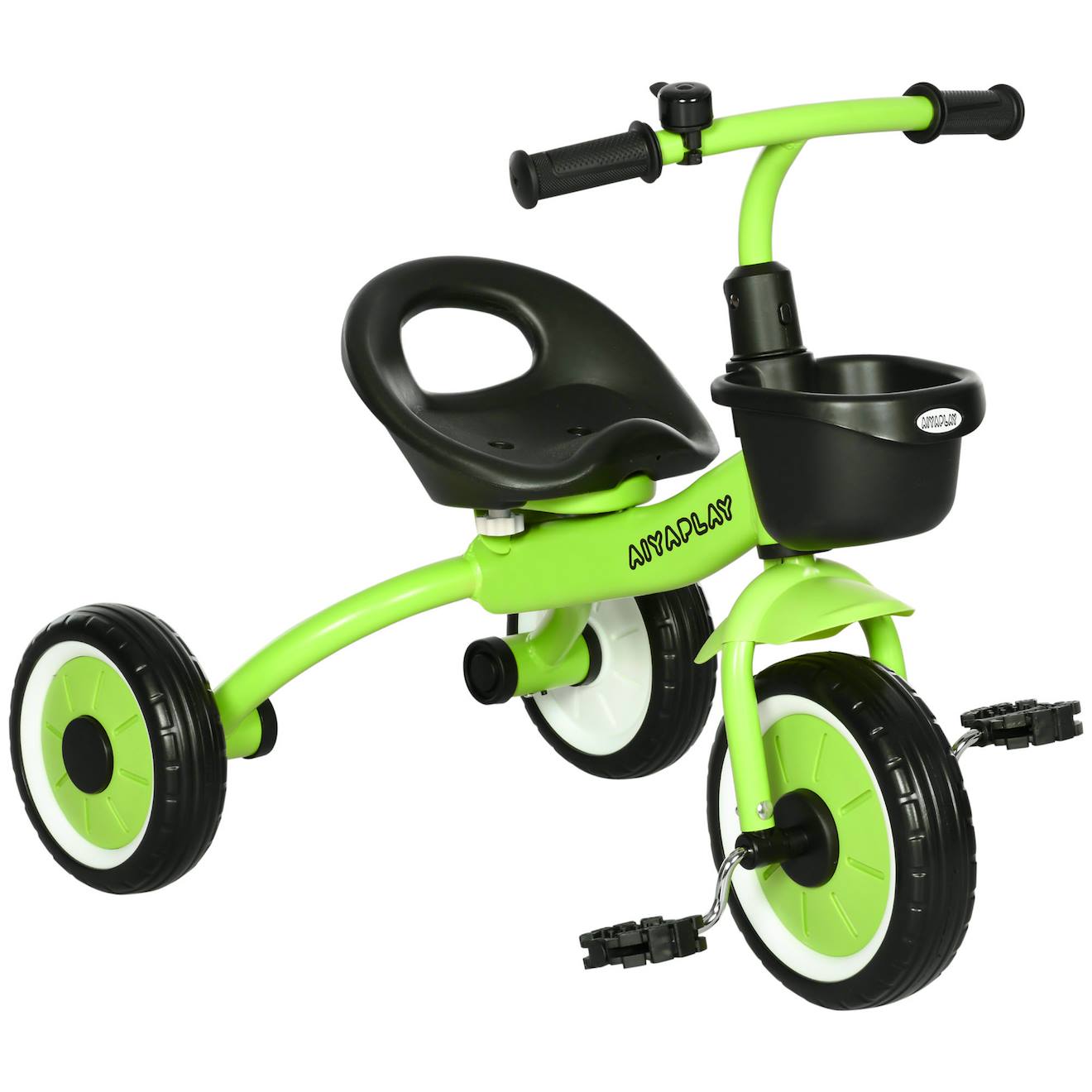 Tricycle Enfant Multi-équipé Garde-boue Sonnette Panier Pédales Antidérapantes Siège Réglable Avec Dossier Vert