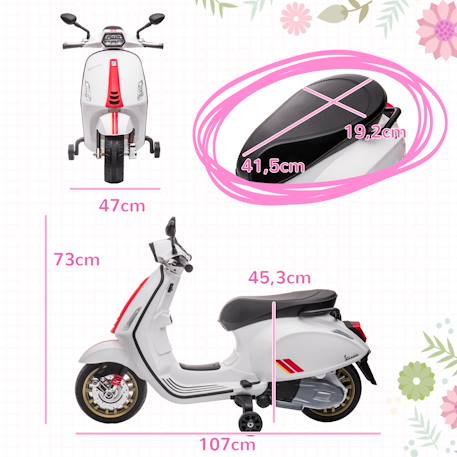 Scooter électrique enfant vespa 6v - musiques, feu av, entrée usb, radio fm - 2 roues auxiliaires Blanc+Rose+Vert 3 - vertbaudet enfant 