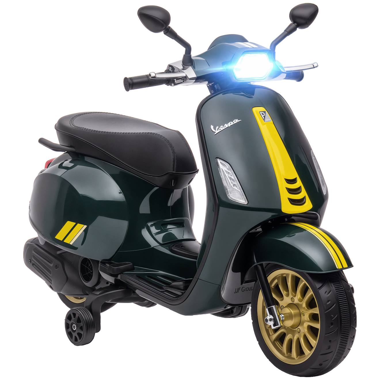 Scooter Électrique Enfant Vespa 6v - Musiques, Feu Av, Entrée Usb, Radio Fm - 2 Roues Auxiliaires Vert