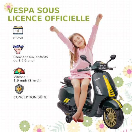 Scooter électrique enfant vespa 6v - musiques, feu av, entrée usb, radio fm - 2 roues auxiliaires Blanc+Rose+Vert 16 - vertbaudet enfant 
