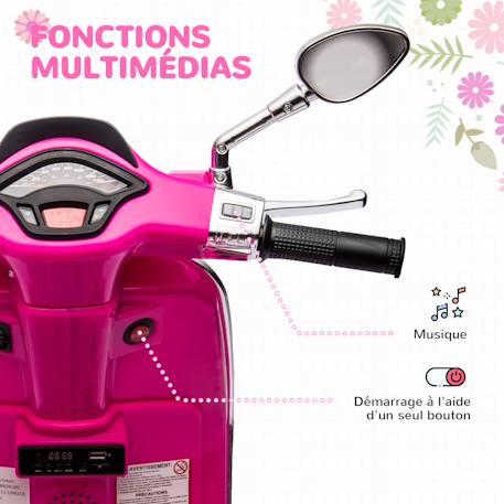 Scooter électrique enfant vespa 6v - musiques, feu av, entrée usb, radio fm - 2 roues auxiliaires Blanc+Rose+Vert 11 - vertbaudet enfant 