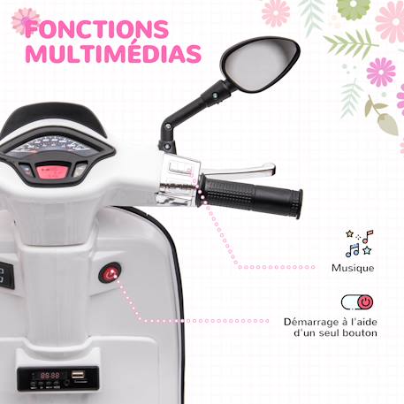 Scooter électrique enfant vespa 6v - musiques, feu av, entrée usb, radio fm - 2 roues auxiliaires Blanc+Rose+Vert 5 - vertbaudet enfant 