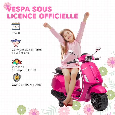 Scooter électrique enfant vespa 6v - musiques, feu av, entrée usb, radio fm - 2 roues auxiliaires Blanc+Rose+Vert 10 - vertbaudet enfant 