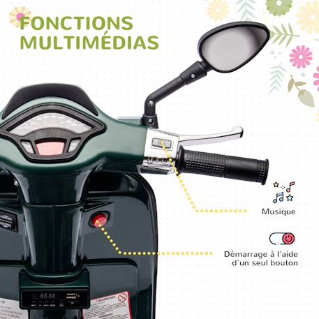 Scooter électrique enfant vespa 6v - musiques, feu av, entrée usb, radio fm - 2 roues auxiliaires Blanc+Rose+Vert 17 - vertbaudet enfant 