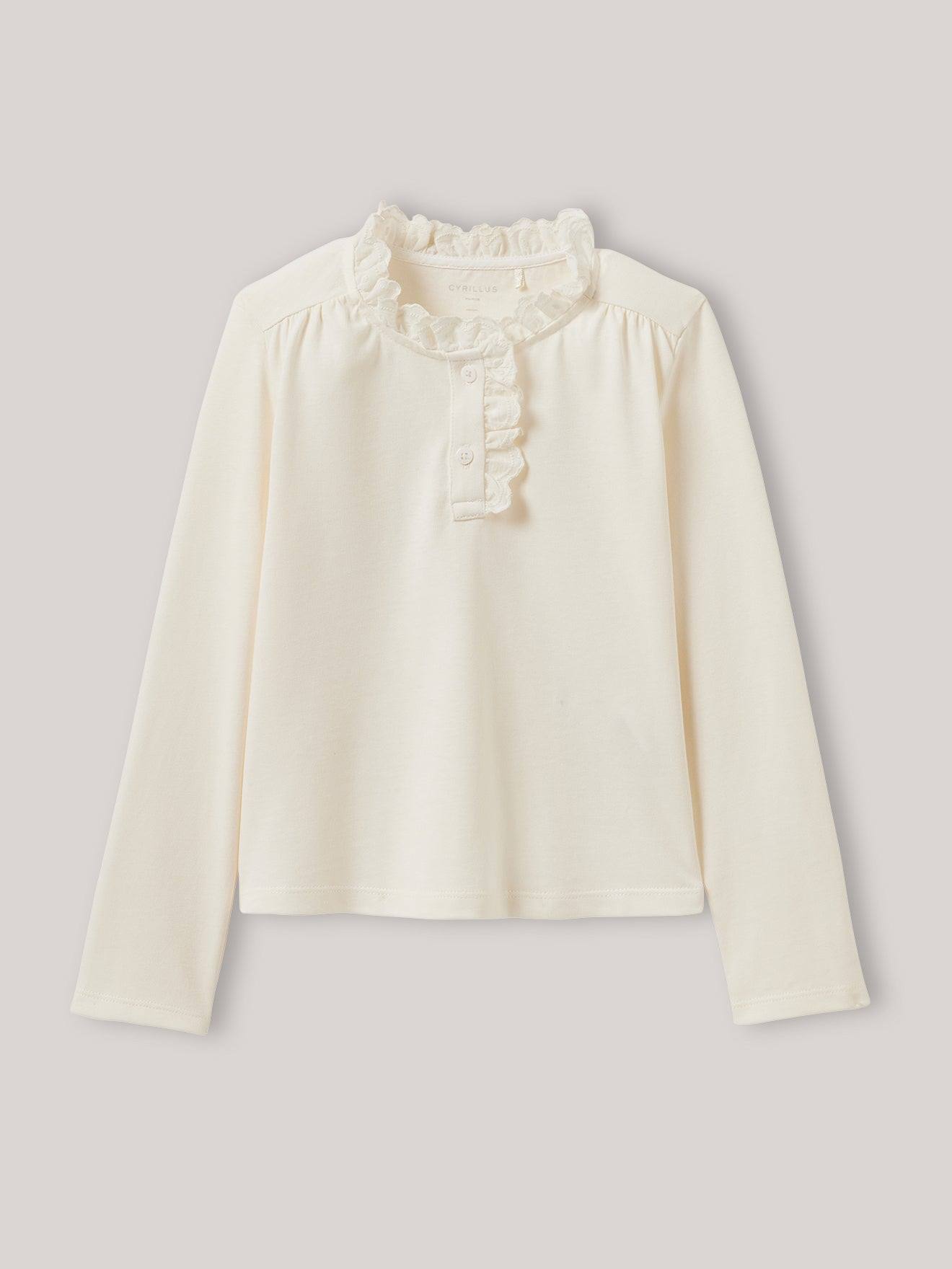 T-shirt Fille Col Montant Brodé - Coton Biologique Ecru