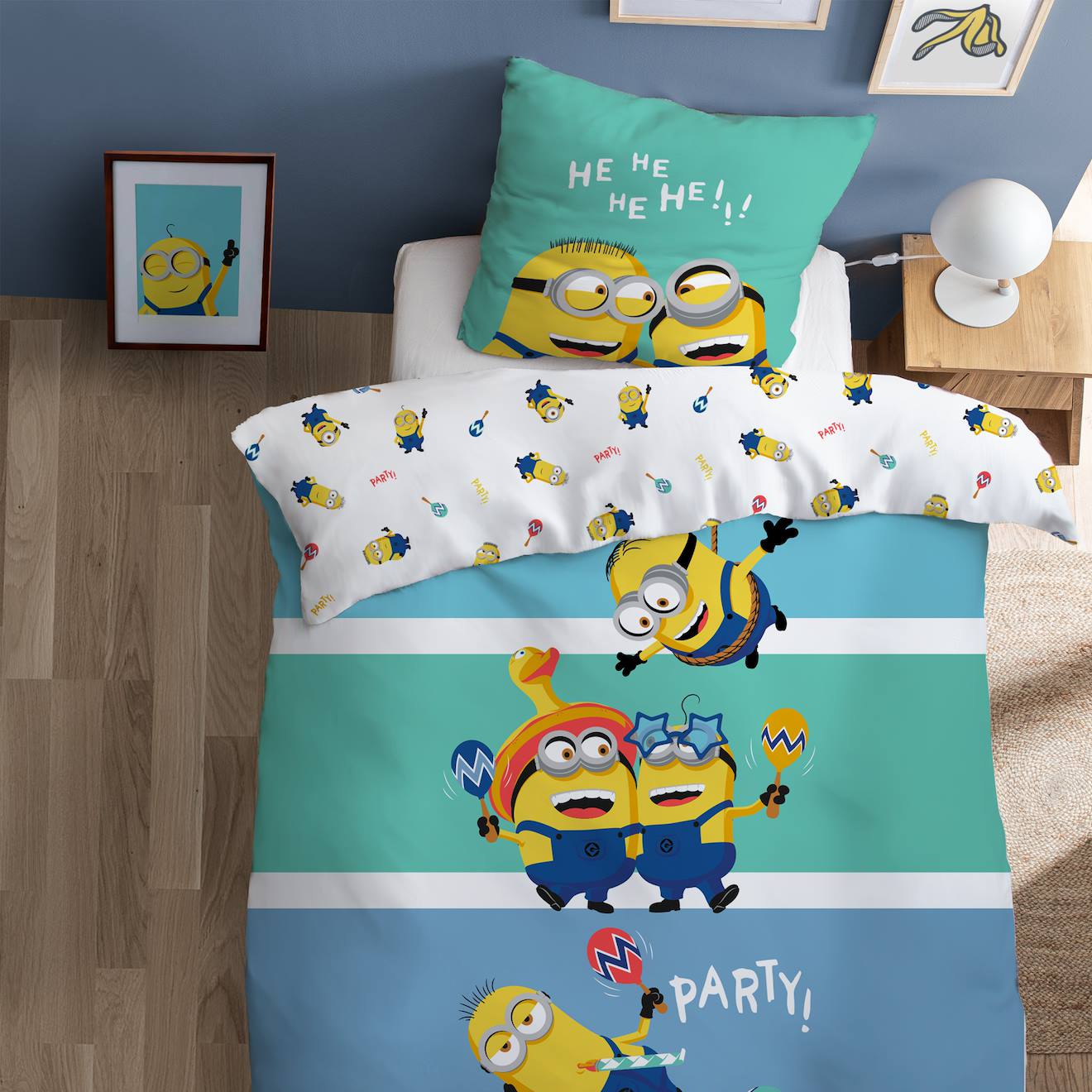 Parure De Lit Imprimée 100% Coton, Les Minions Fiesta Bleu