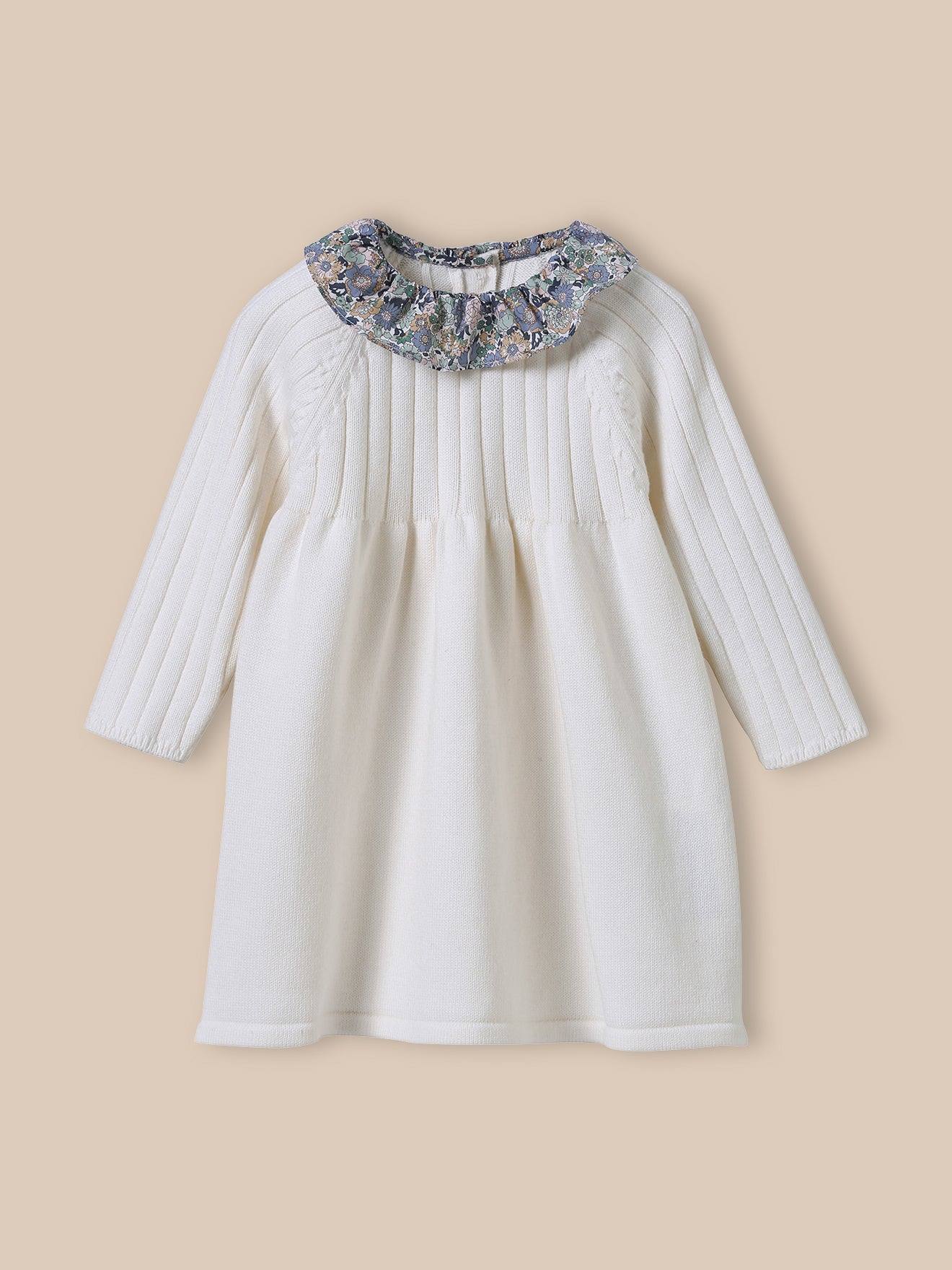Robe En Tricot Col En Tissu Liberty Bébé Ecru