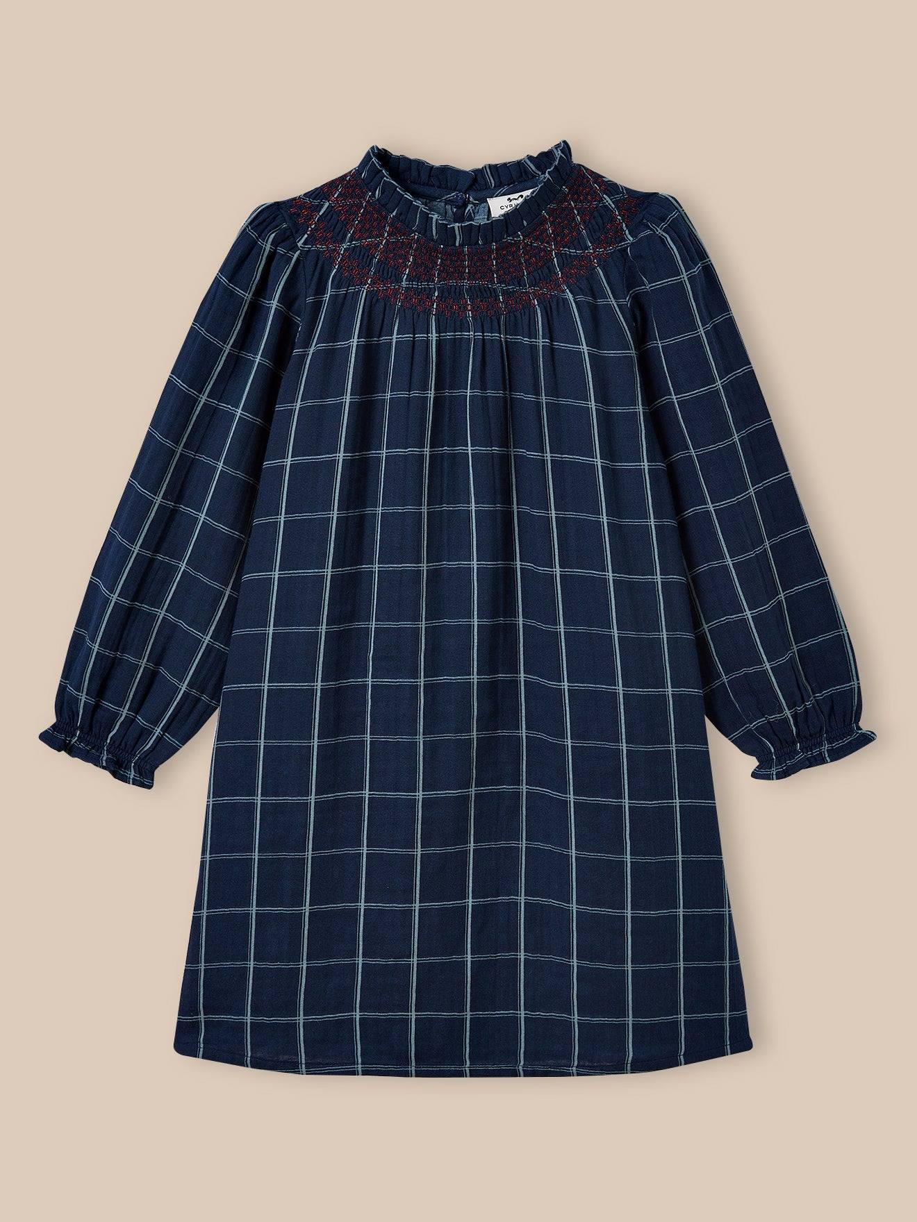 Robe en double gaze de coton fille carreaux marine