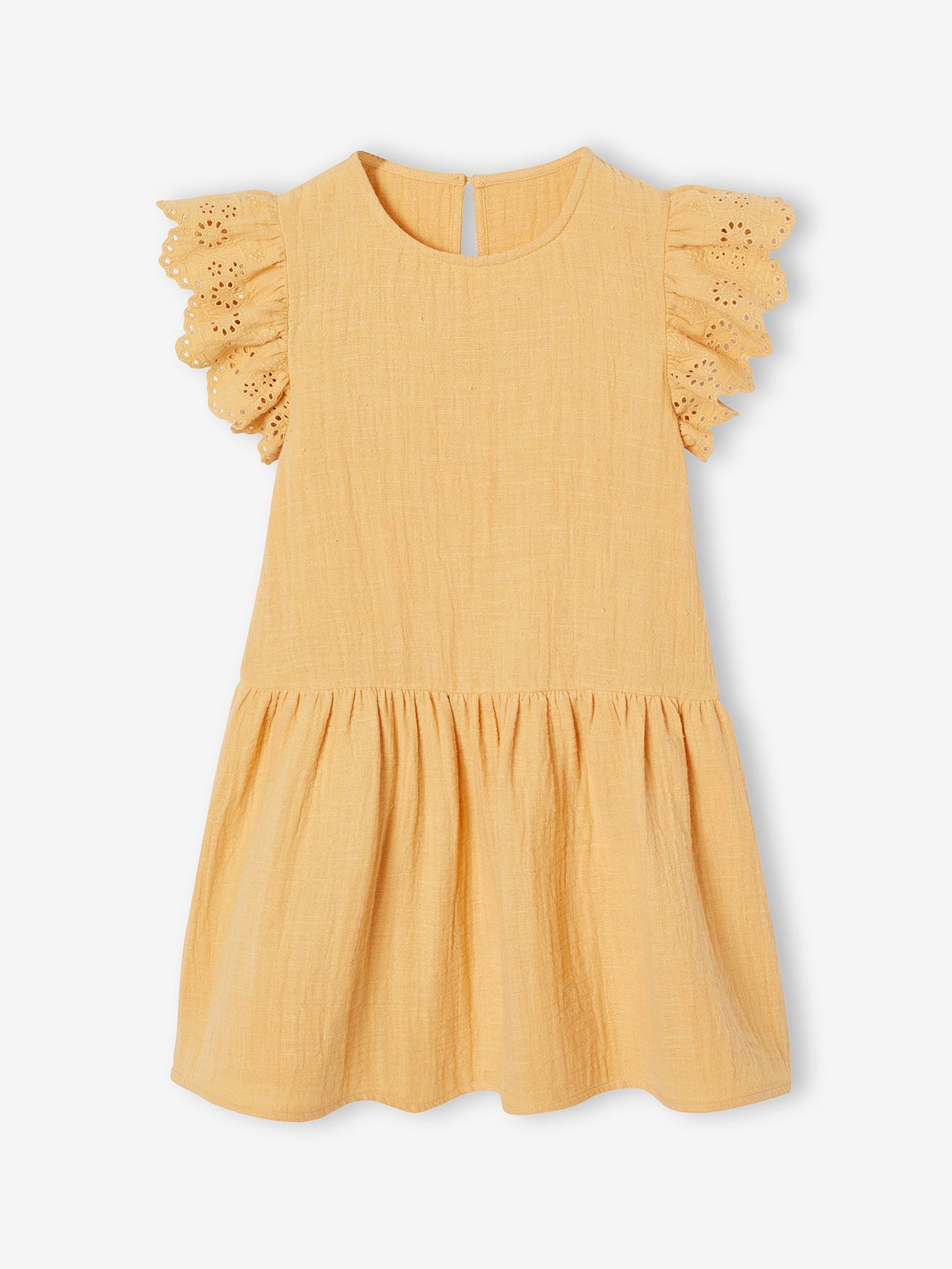 Robe fille gaze de coton manches courtes brodées jaune