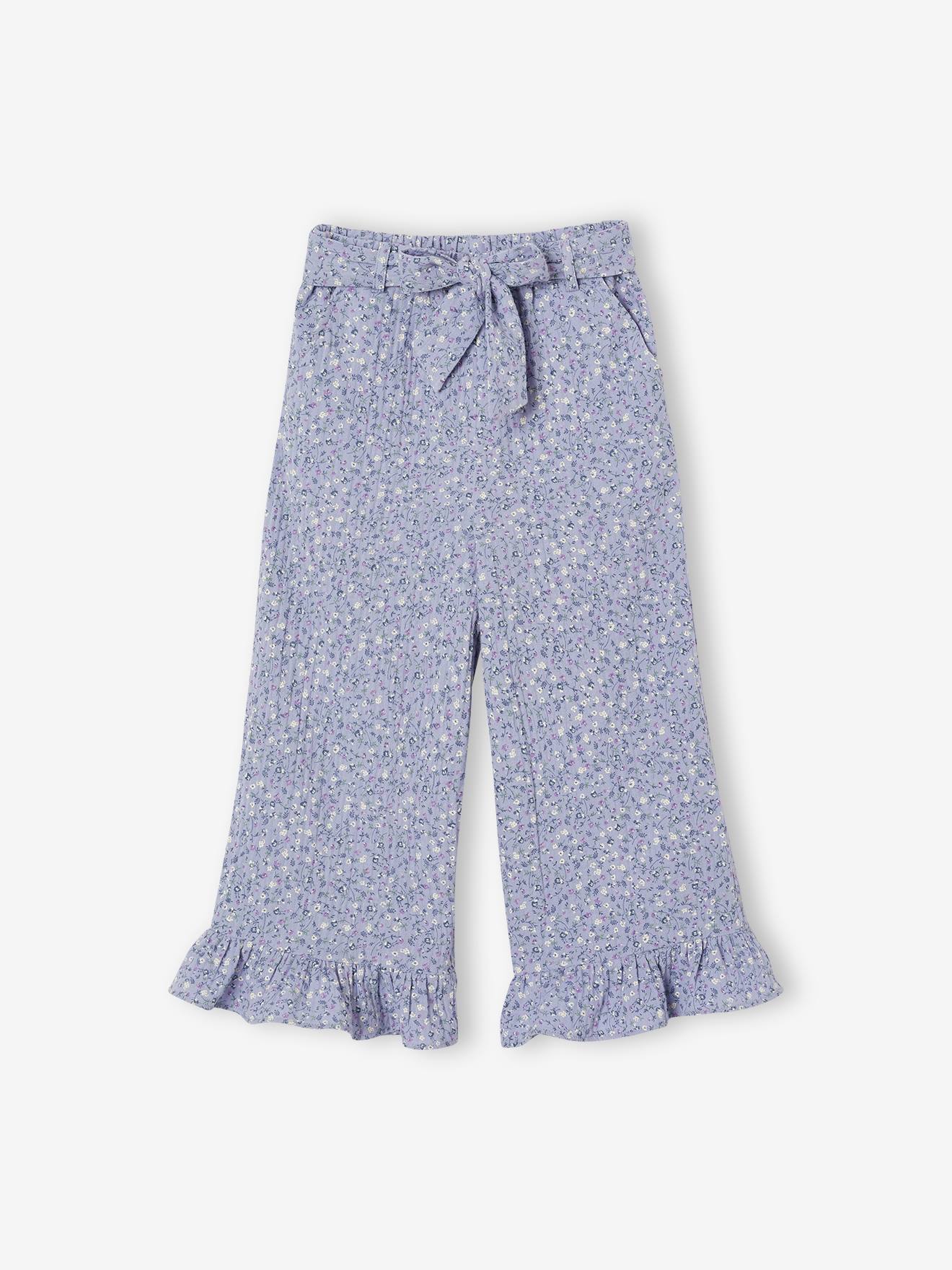 Pantacourt fille volanté gaze de coton bleu imprimé
