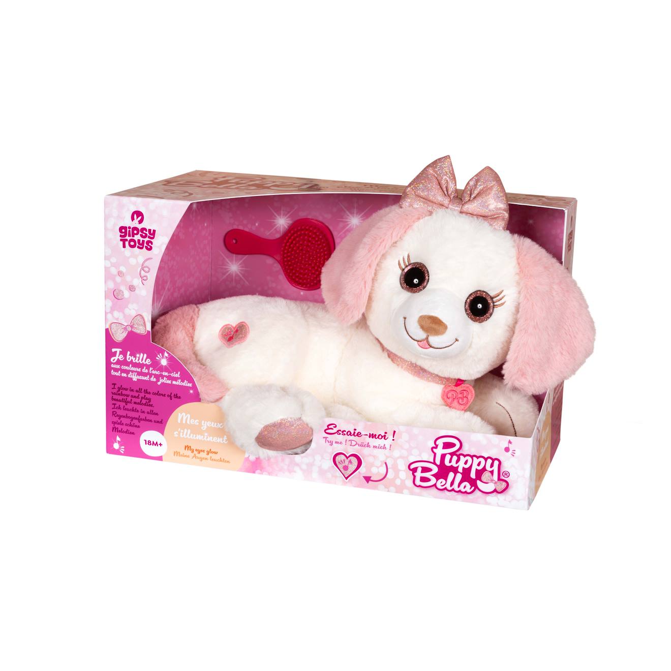 Peluche Interactive 30 Cm, Chien Puppy Bell, Rose Et Blanc, Vendue En Boîte Cadeau Blanc