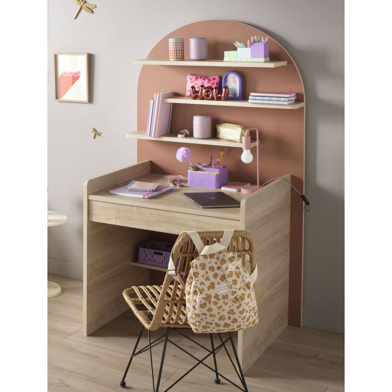 Bureau Enfant - Décor Bois Chêne Sépia Forme Arche Rouge/marron