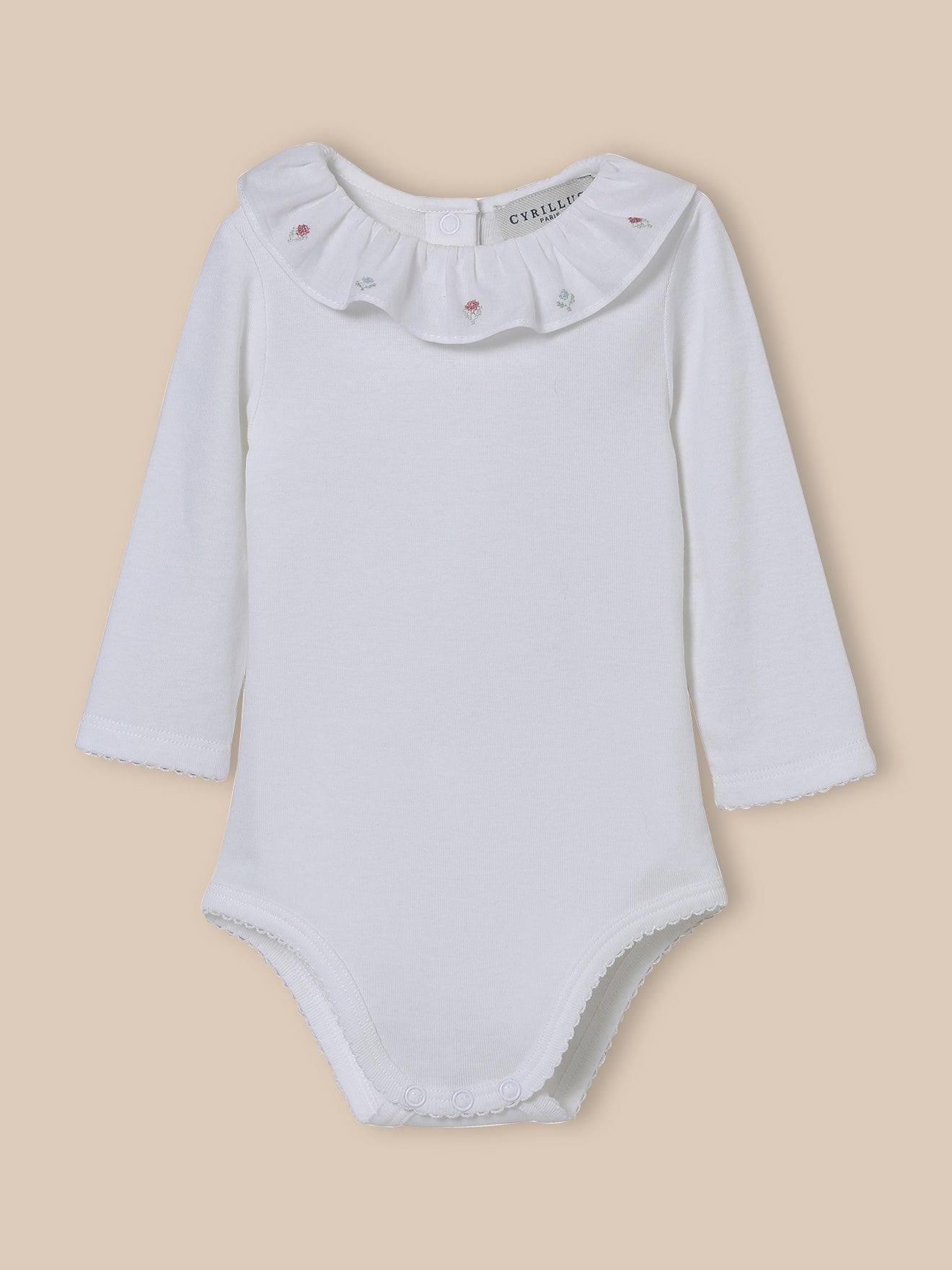 Body Col Brodé Bébé - Coton Biologique Blanc Doux