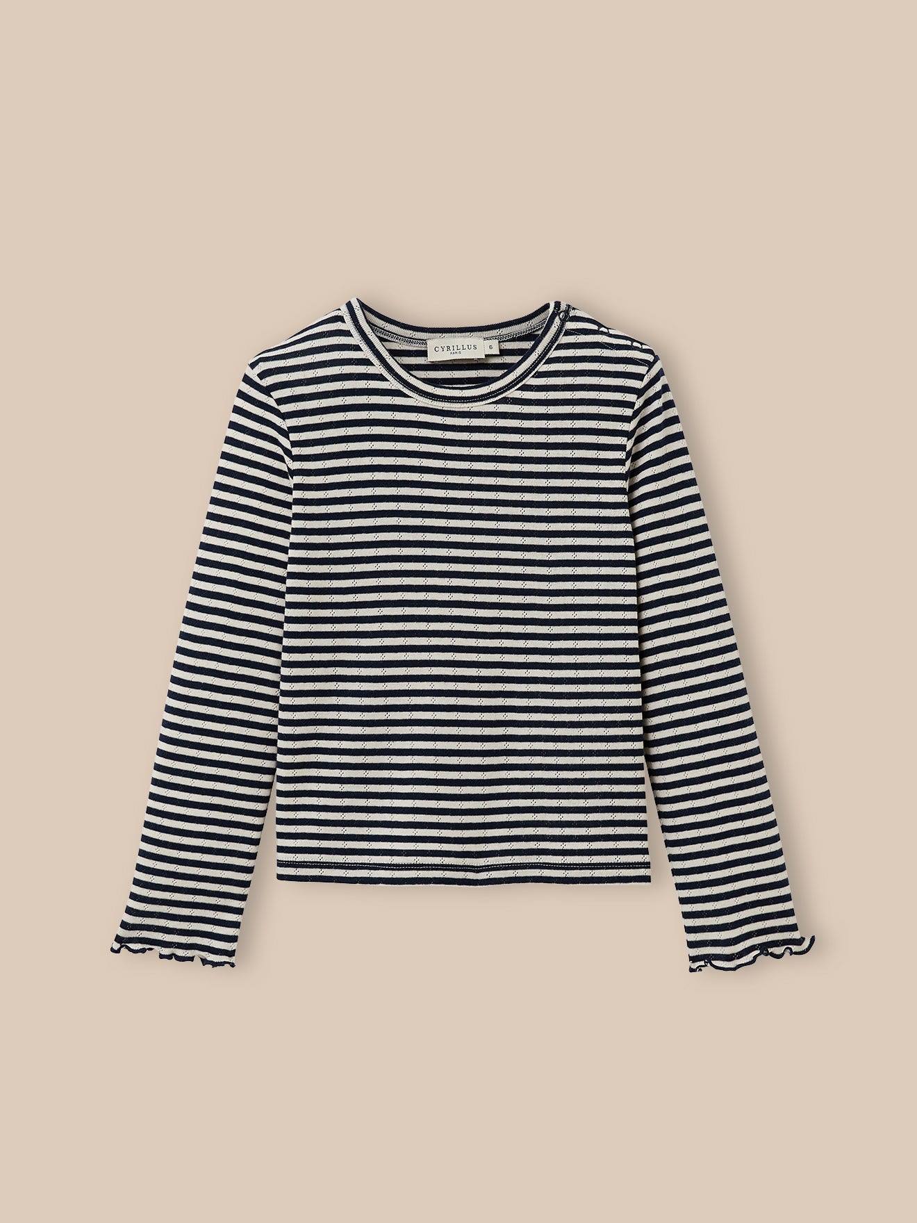 T-shirt En Pointelle Fille - Coton Biologique Rayure Marine/ecru