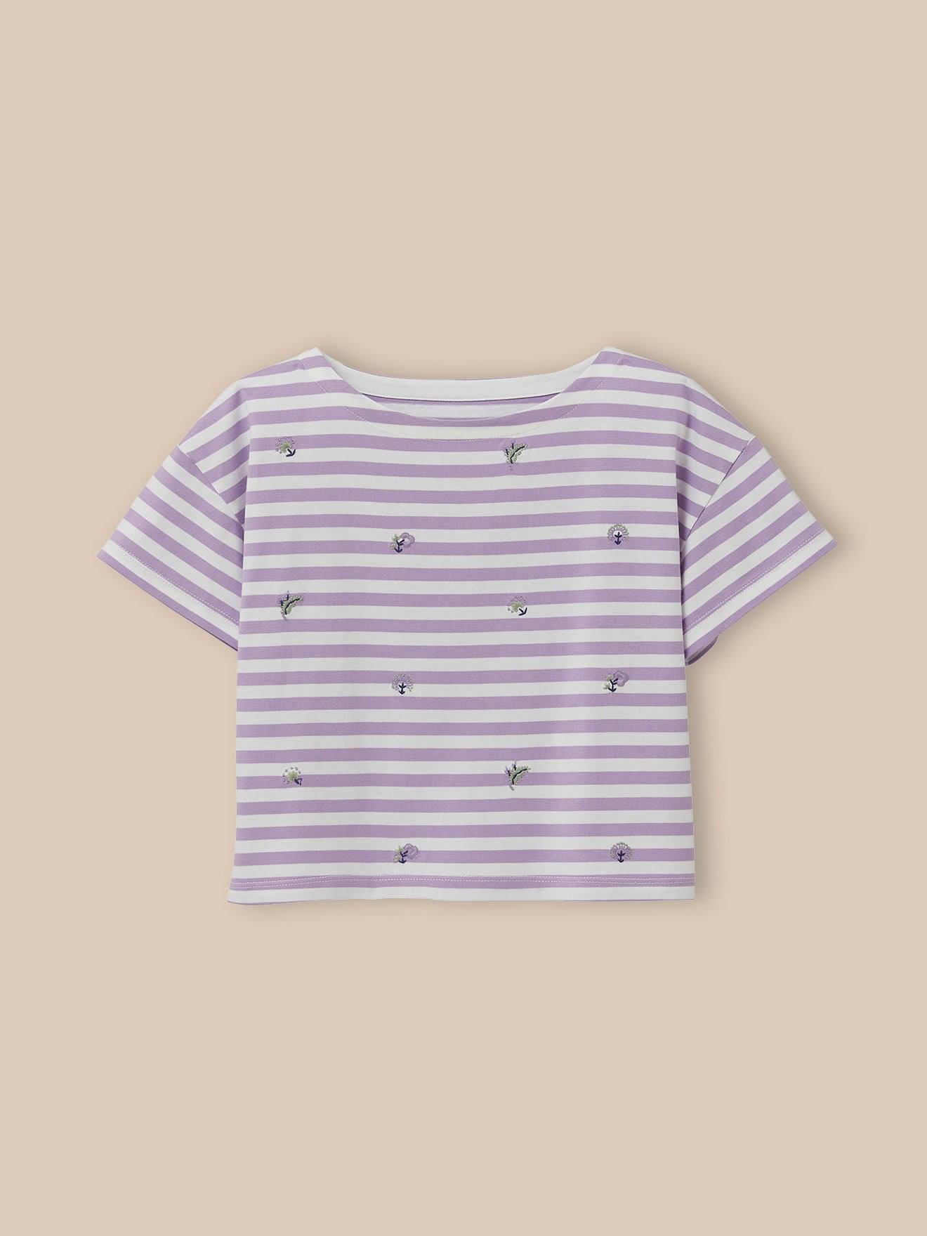 T-shirt Brodé Fille - Coton Biologique Rayure Lilas