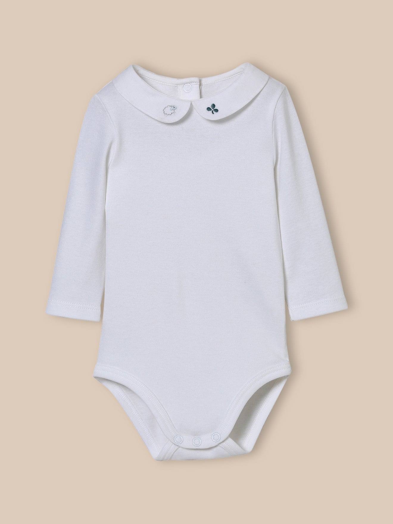 Body Col Brodé Bébé - Coton Biologique Blanc Doux