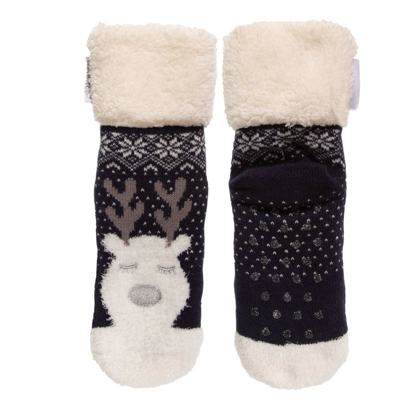 Chaussettes Fourrées Enfant Noël Renne 1/8 Ans Marine
