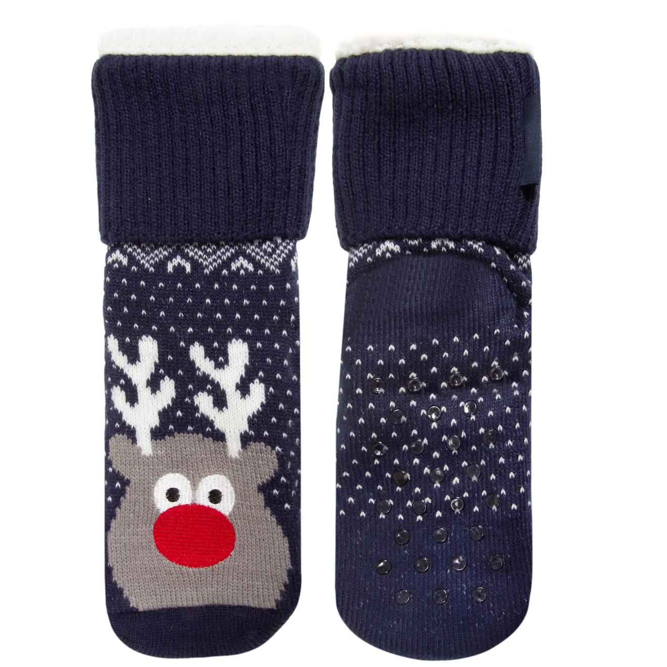 Chaussettes Fourrées Enfant Noël Renne Marine 1/8 Ans Marine