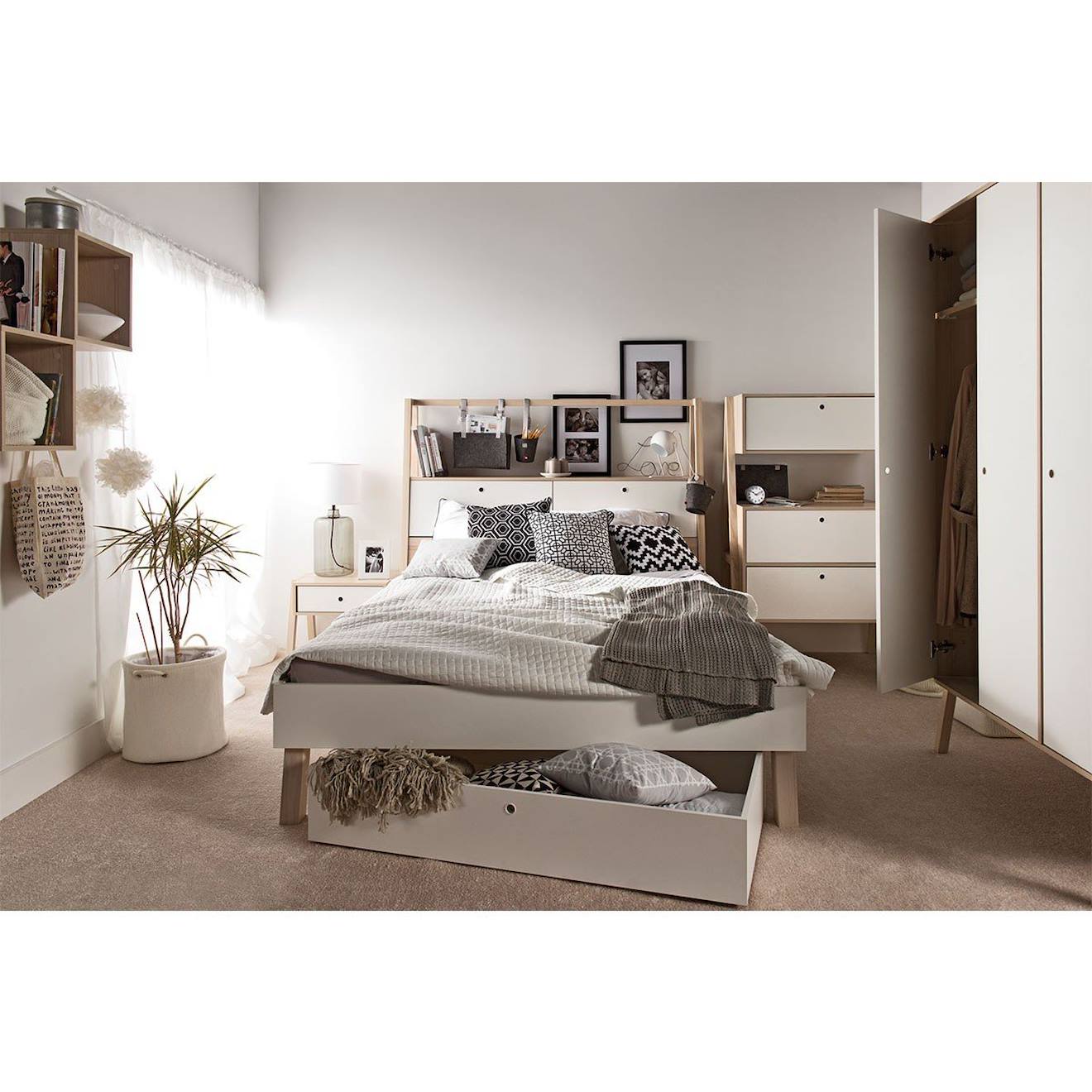 Armoire 3 Portes, 5 Étagères Et Spot Décor Bois Acacia Et Blanc