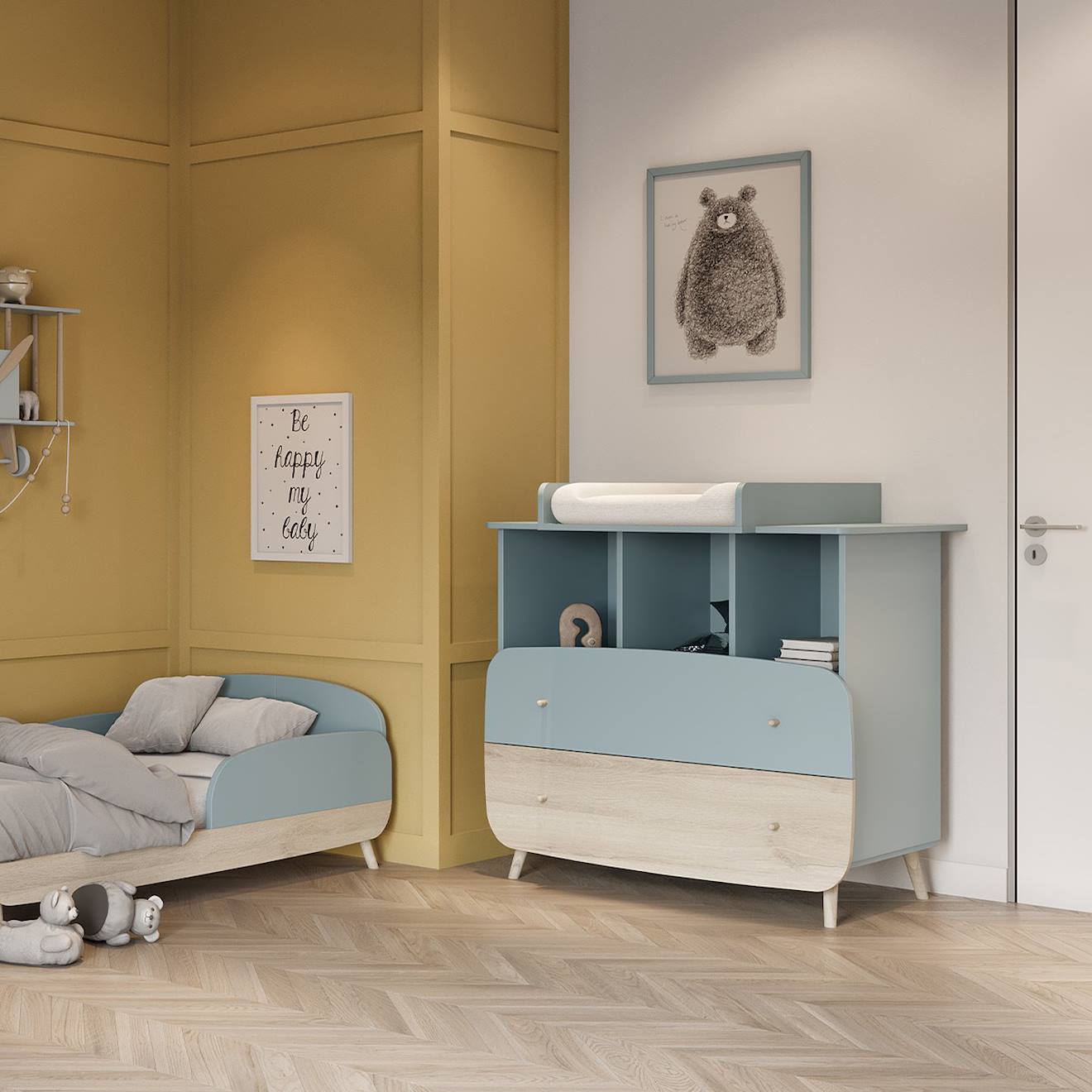 Commode 2 Tiroirs Et 3 Niches Bleu Orage / Bois