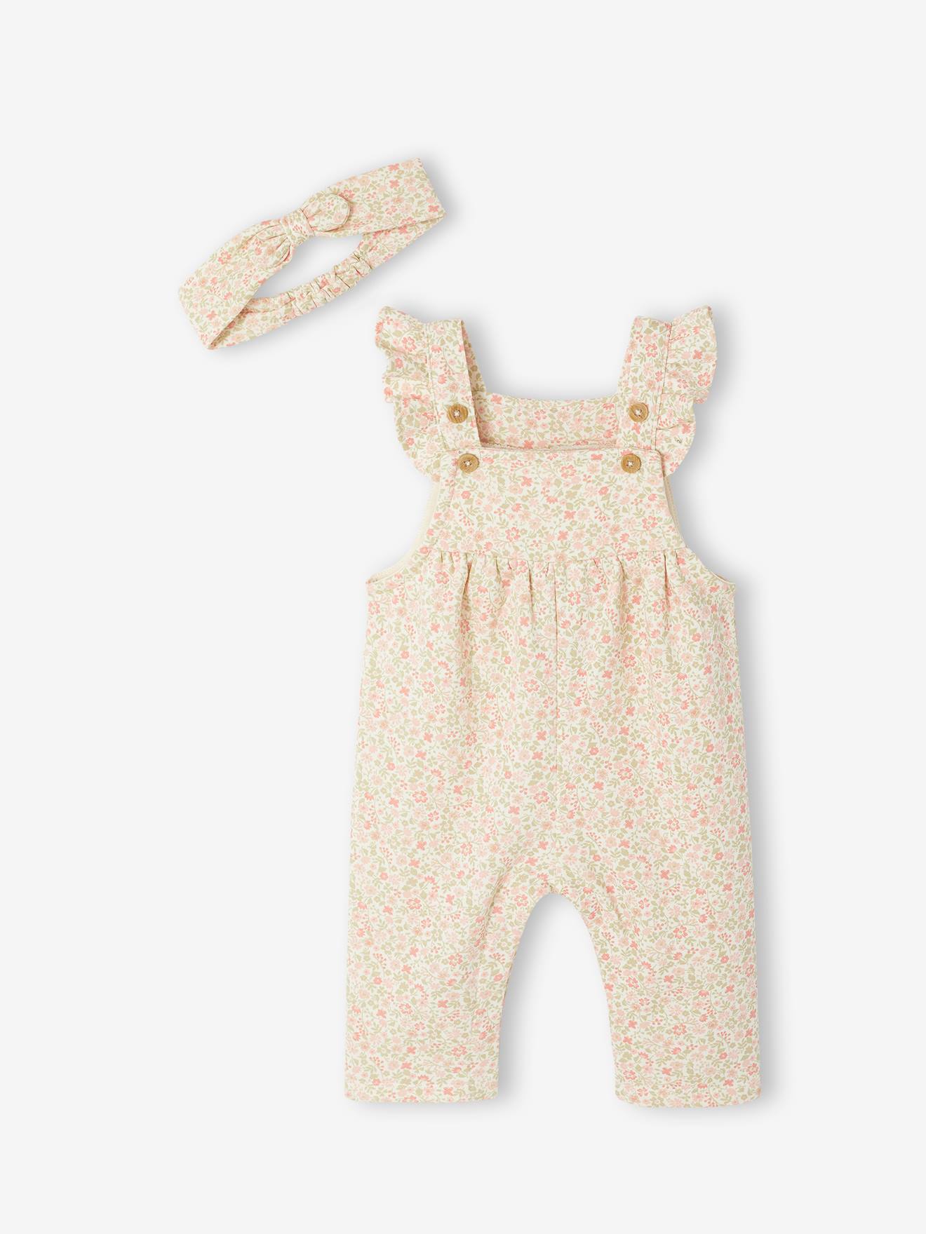 Salopette bébé fille molleton + bandeau écru