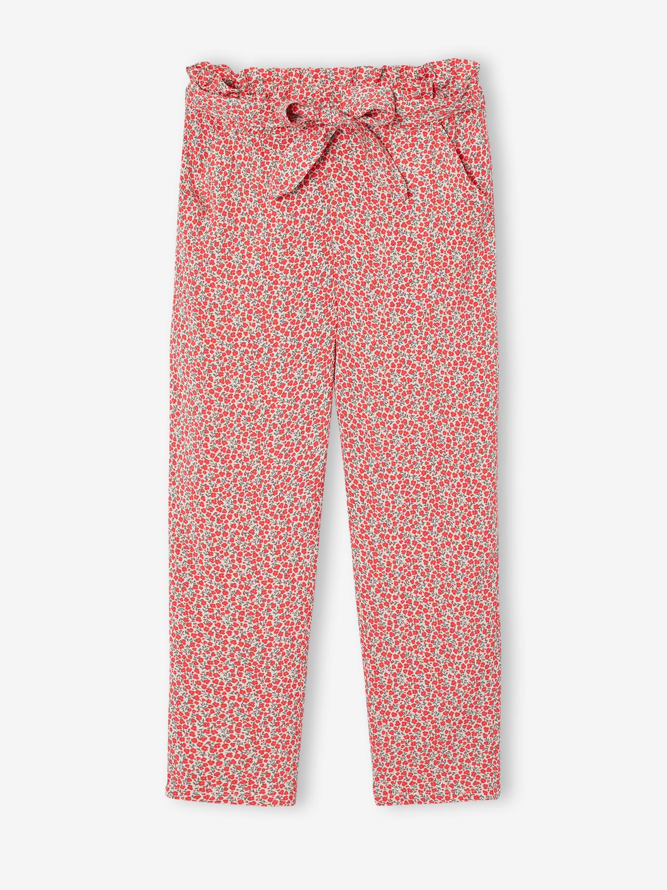 Pantalon fluide imprimé fleurs fille rouge
