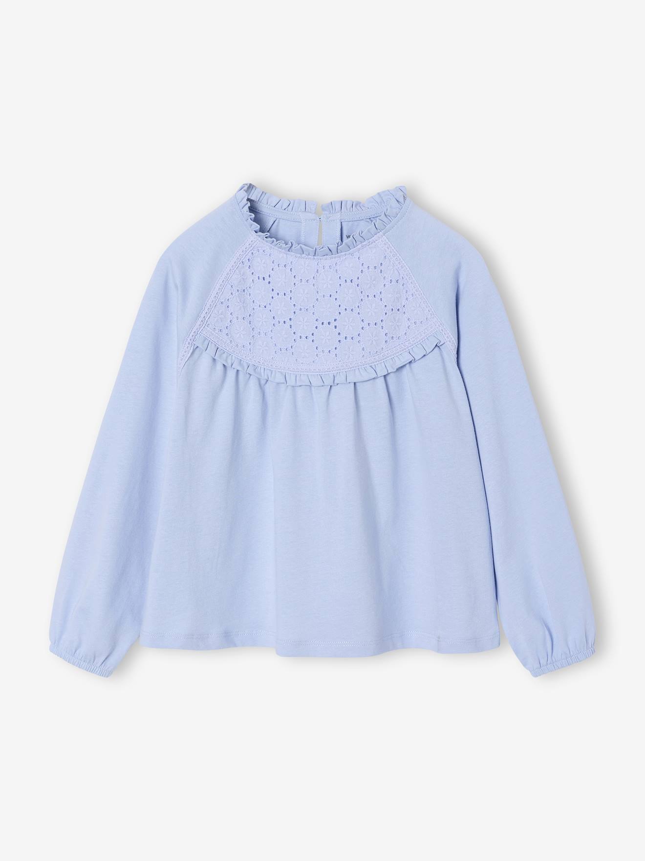 Tee-shirt blouse fille détail broderie anglaise manches longues bleu pâle