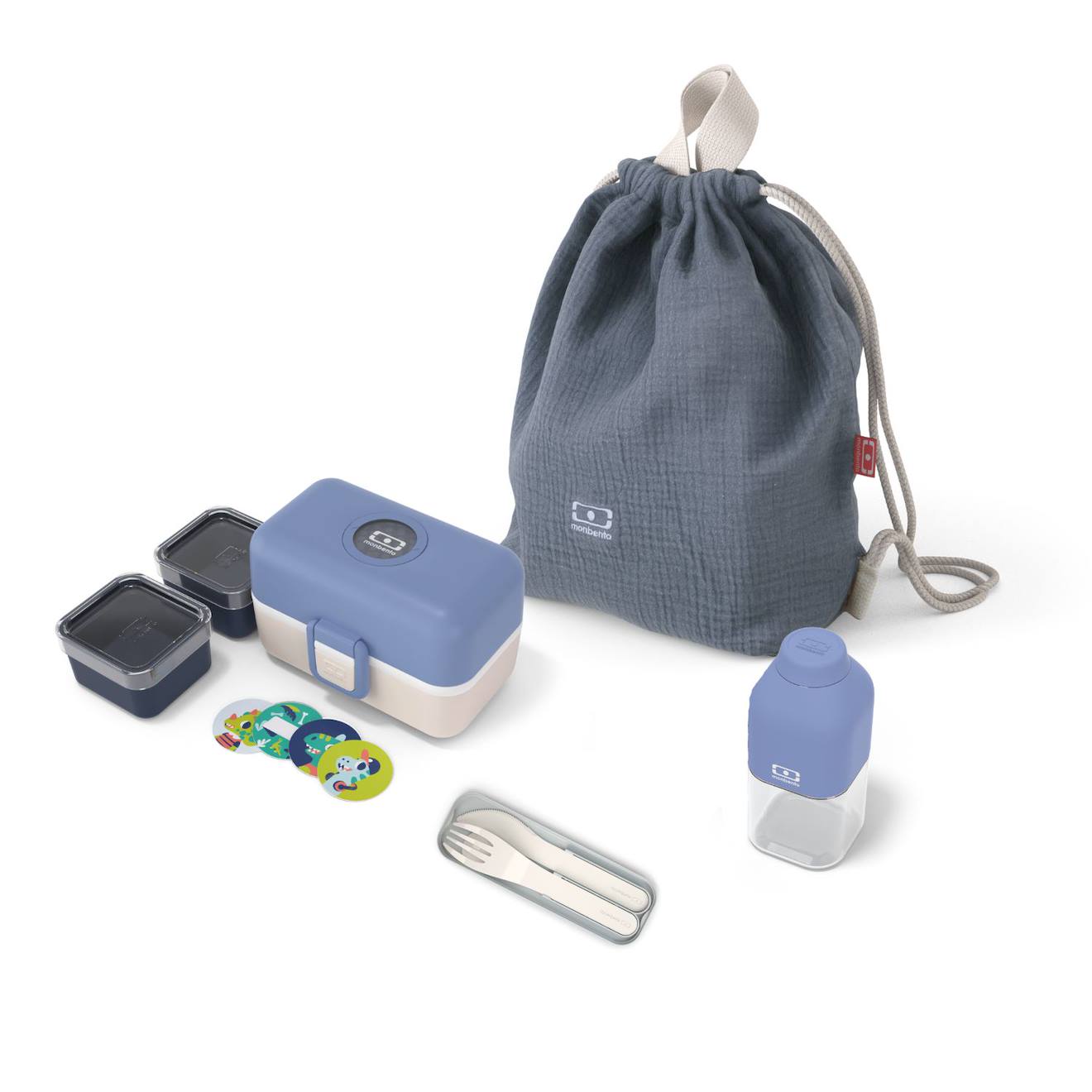 Set Repas/goûter Enfant Avec Gourde Isotherme Et Couverts Bleu/beige