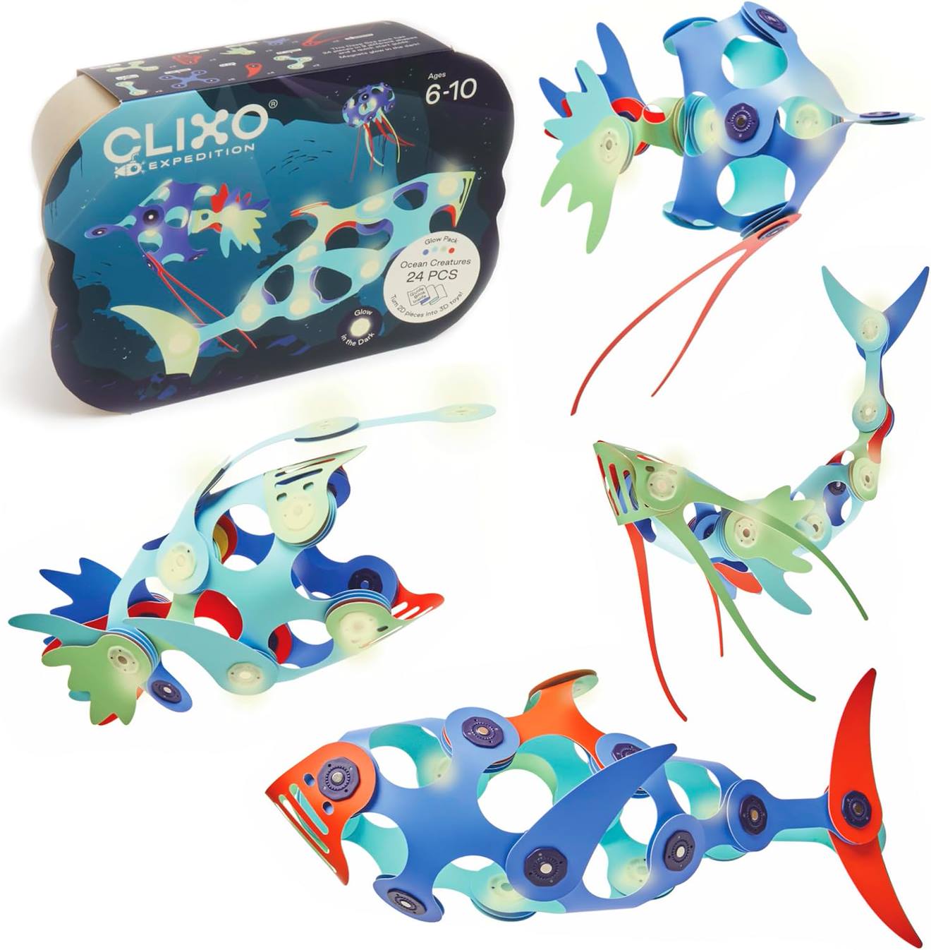 Jeu De Construction Phosphorescent, Magnétique, Flexible, Et Imaginatif Clixo Ocean Bleu
