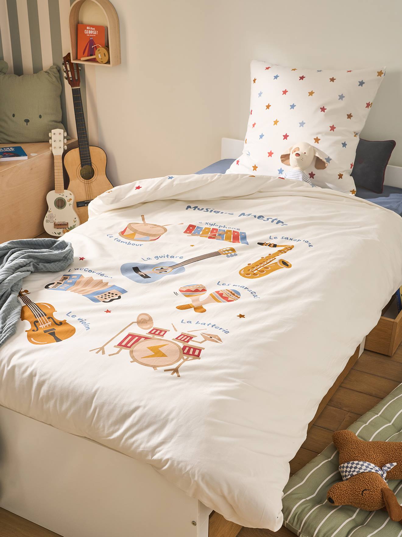 Parure housse de couette + taie d'oreiller enfant MUSIQUE LEXIQUE avec coton recyclé blanc imprimé