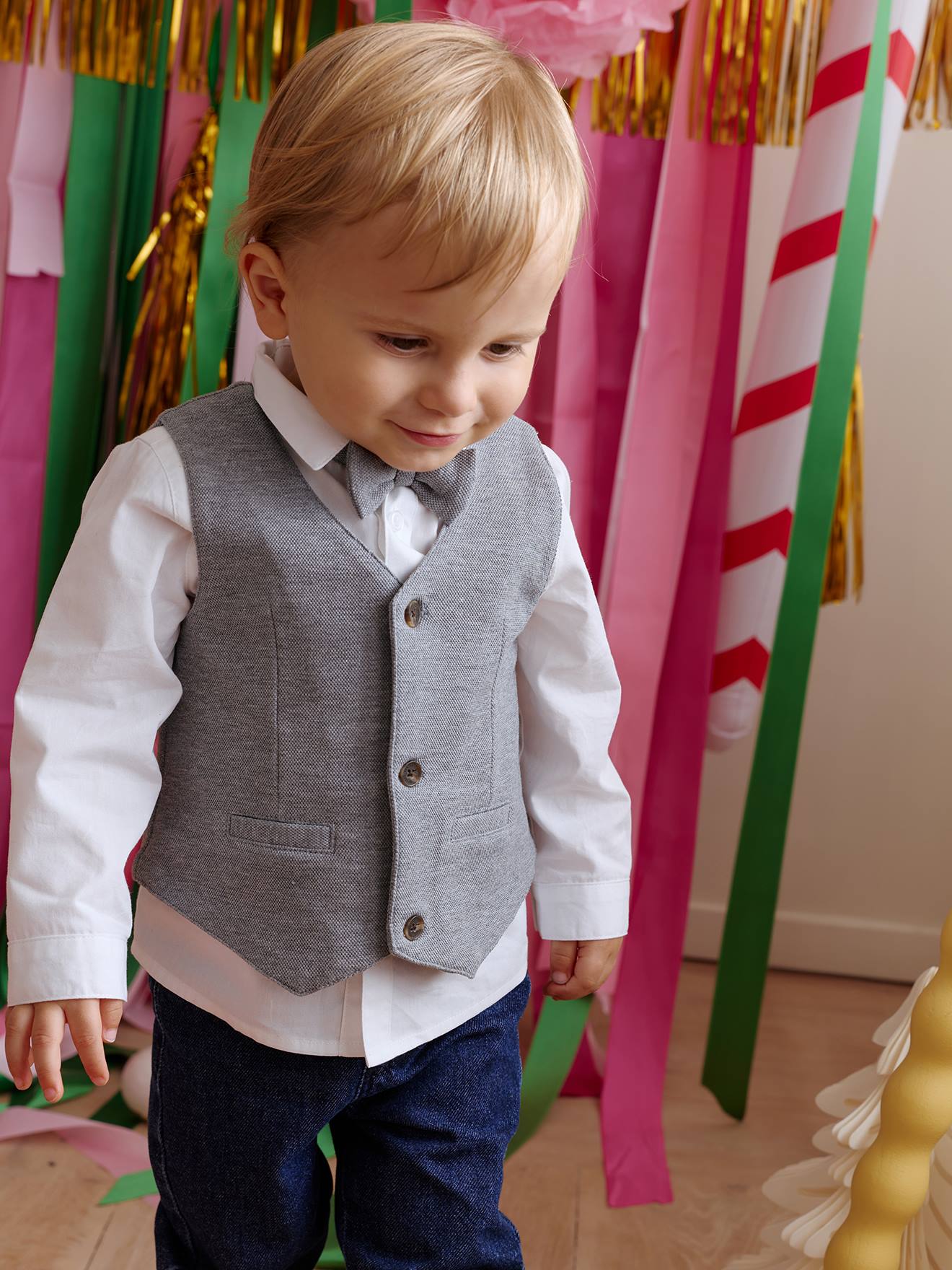 Ensemble bébé garçon chemise noeud pap gilet blanc