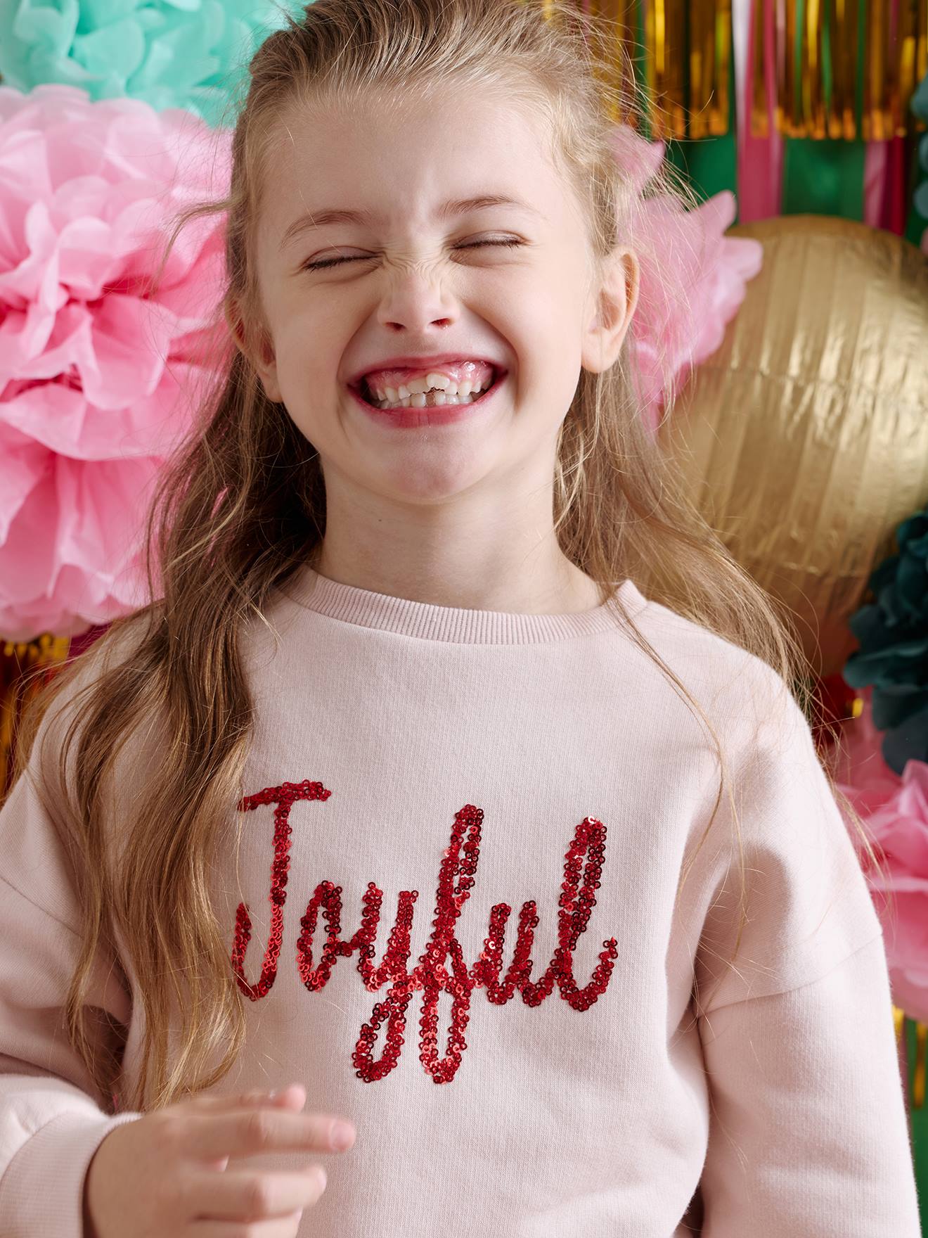 Sweat fille noël message en sequins rose poudré