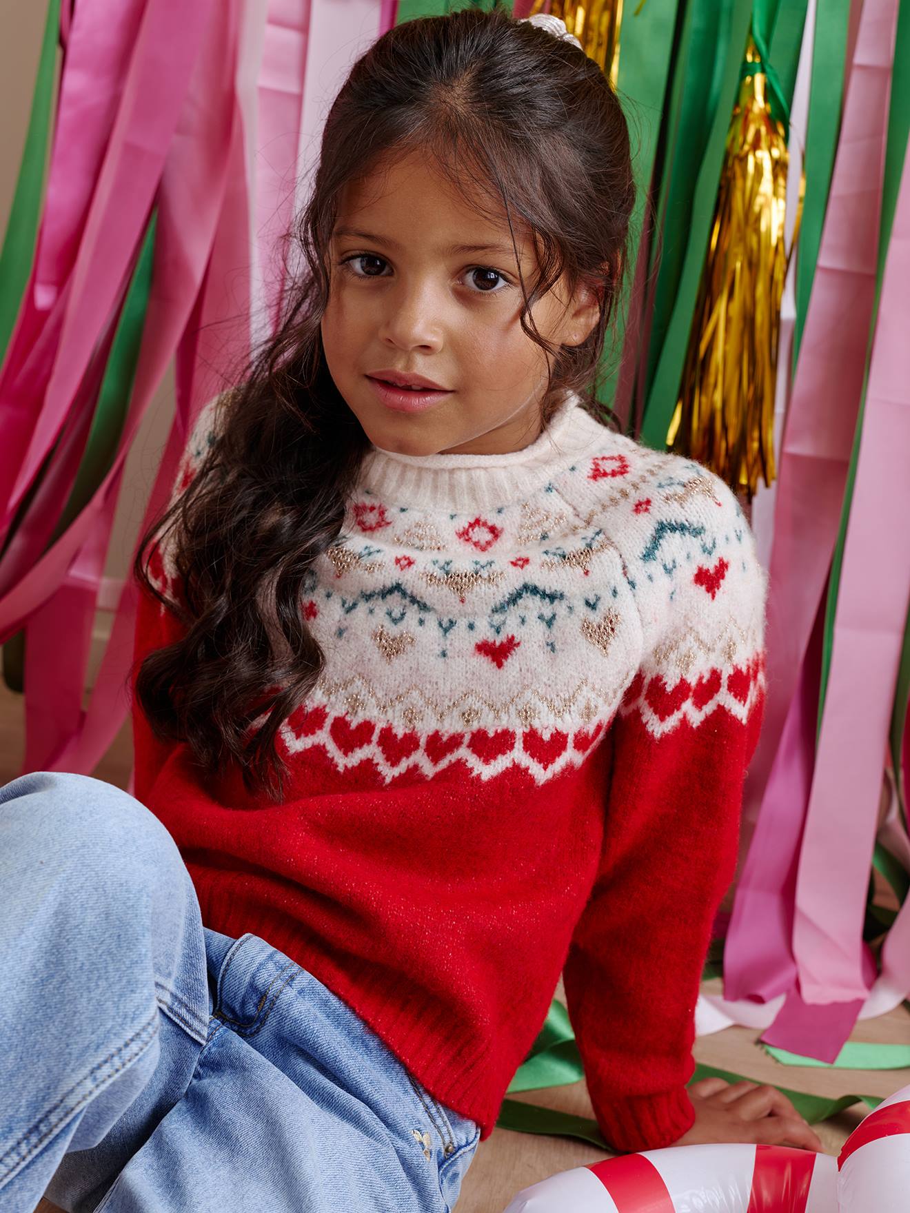 Pull fille noël jacquard rouge