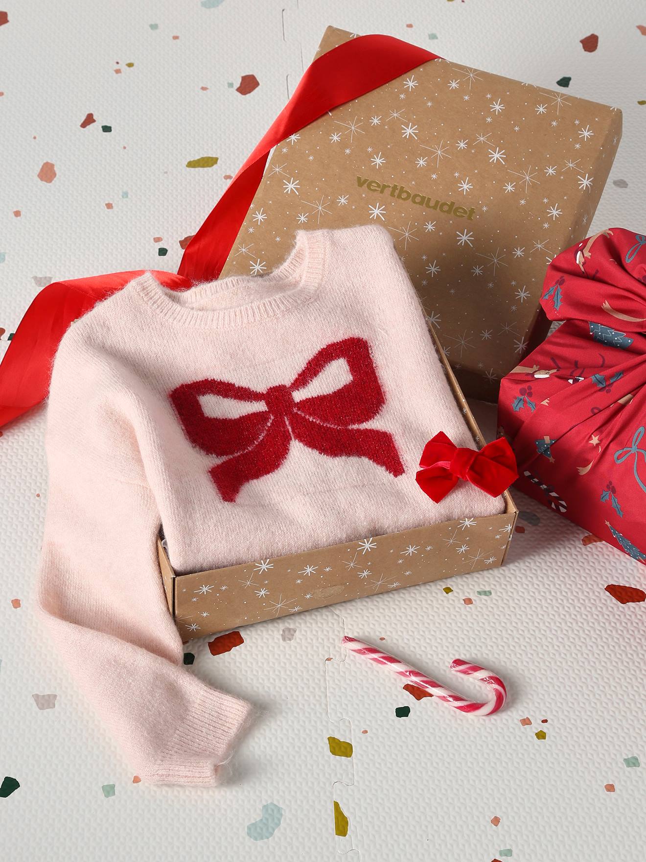 Coffret Noël fille pull jacquard et accessoire rose pâle