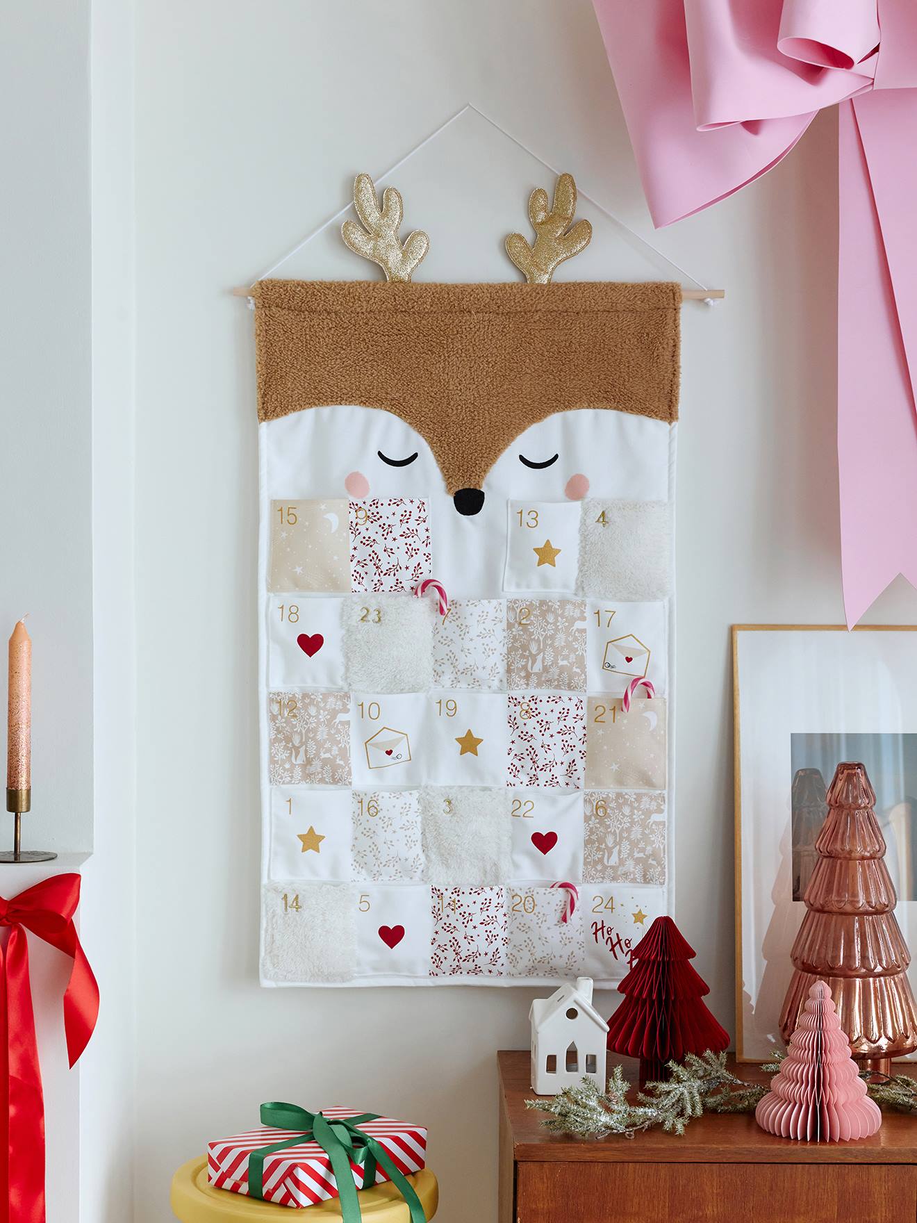 Calendrier de l'avent Renne en sherpa beige doré