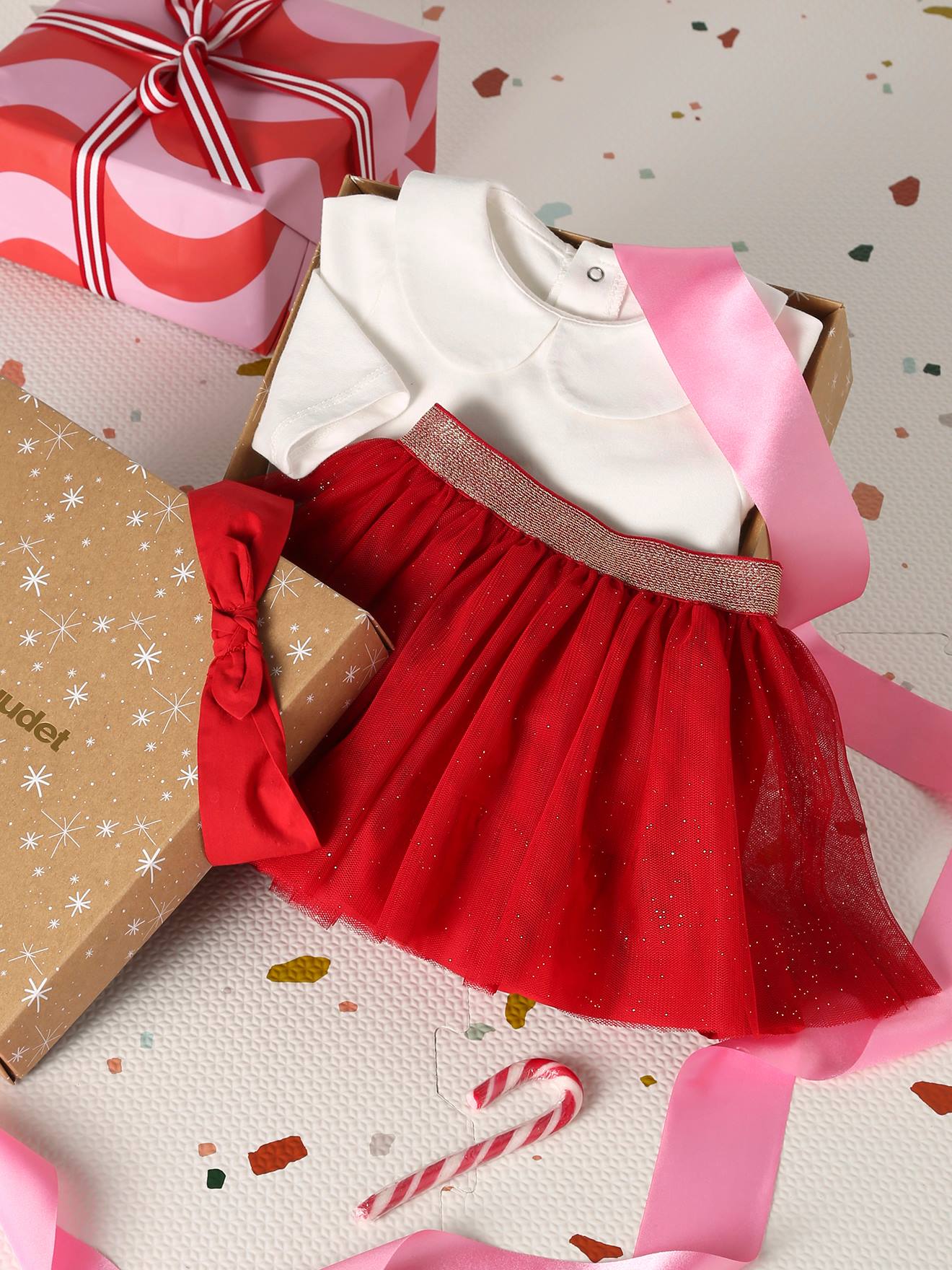 Ensemble bébé fille t-shirt jupon bandeau coffret cadeau noël rouge