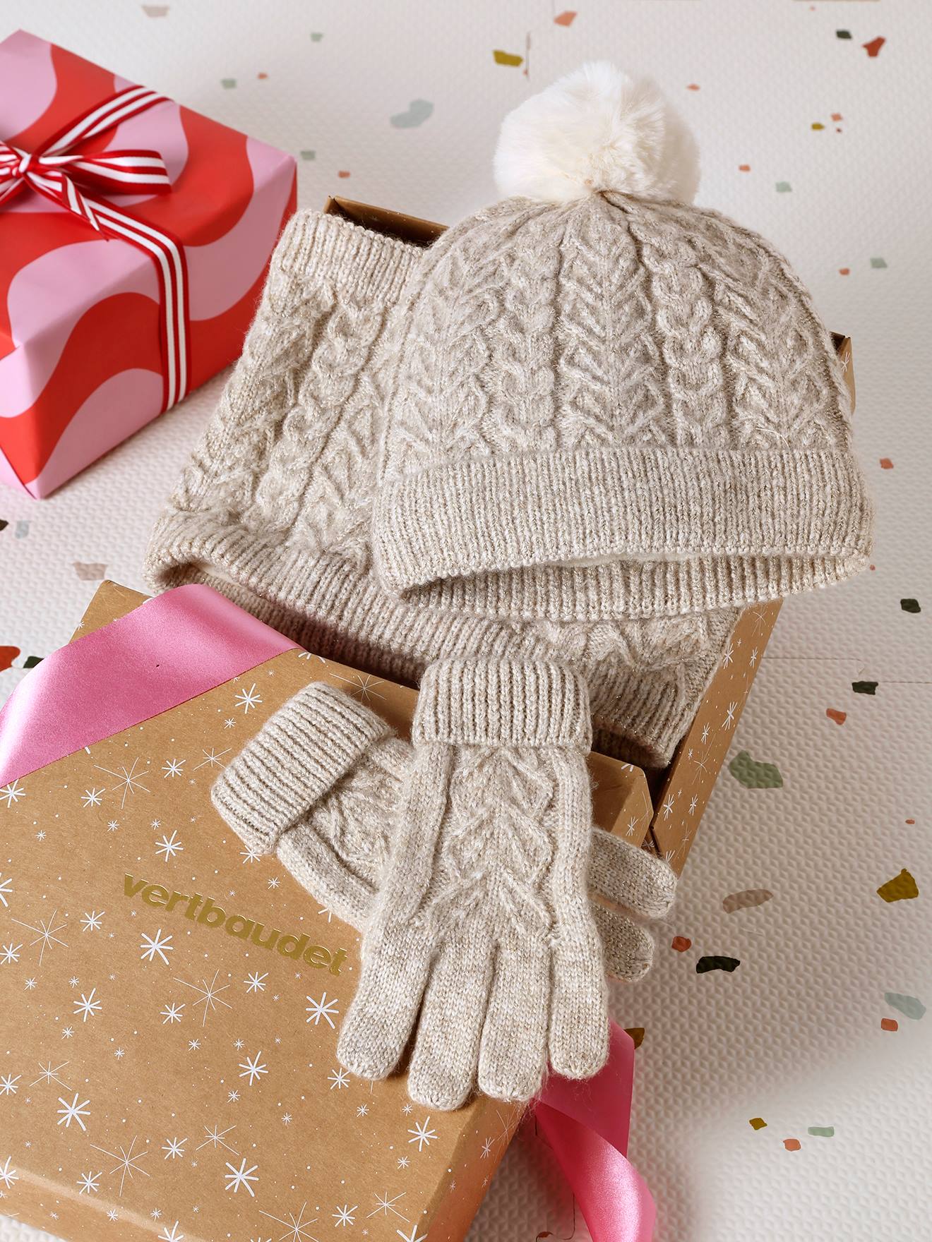Coffret Noël fille bonnet + snood + moufles/gants beige chiné