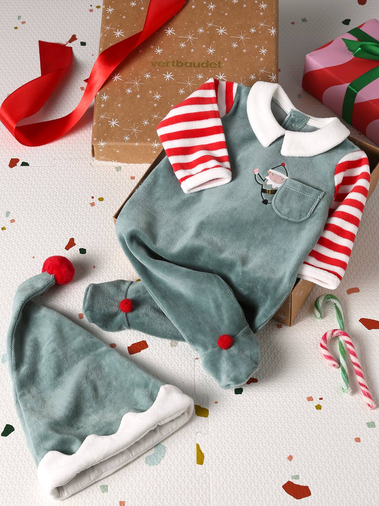 Pyjama bébé mixte + bonnet Joyeux Lutin coffret cadeau Noël vert sapin