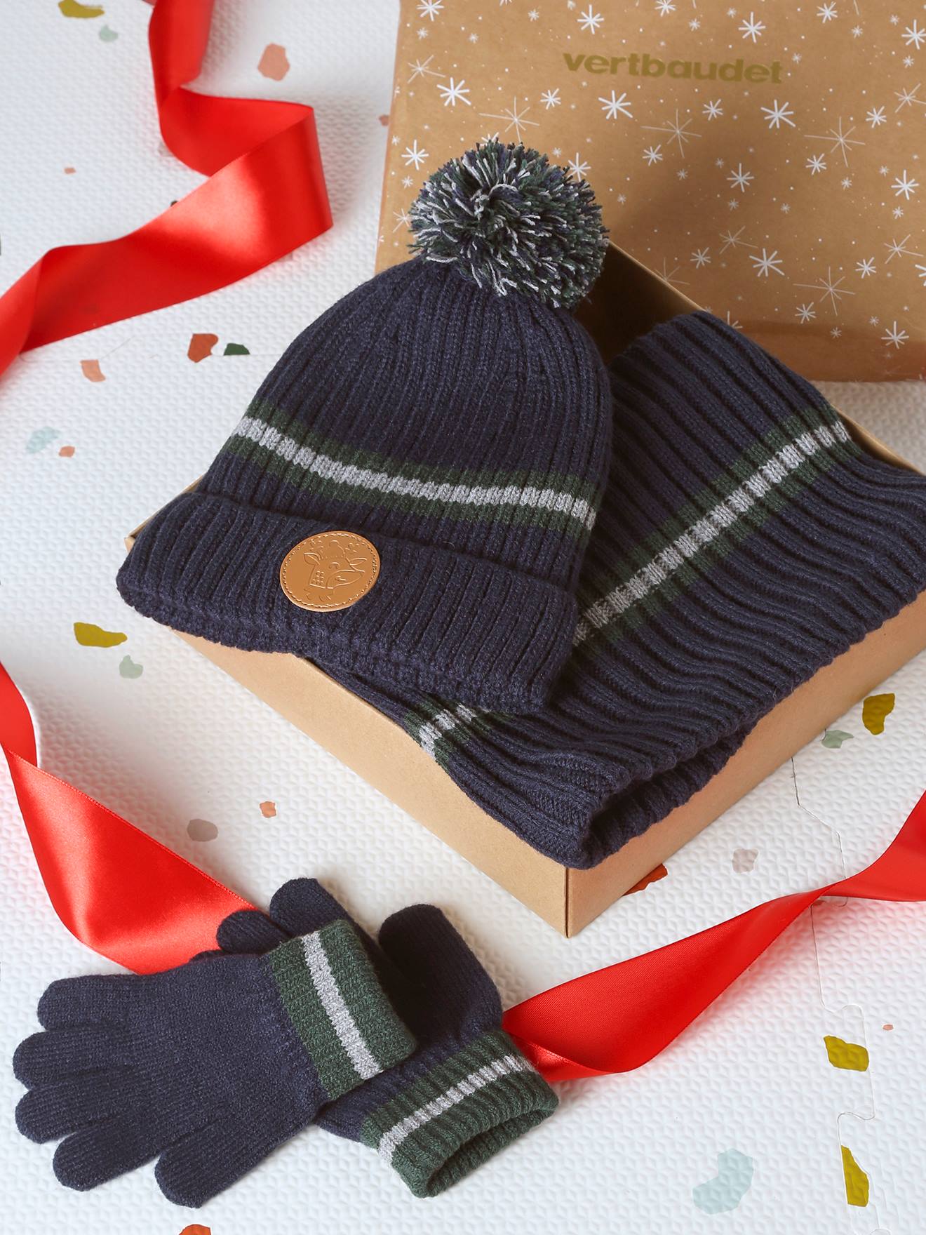 Coffret Noël bonnet renne + snood + moufles/gants garçon marine
