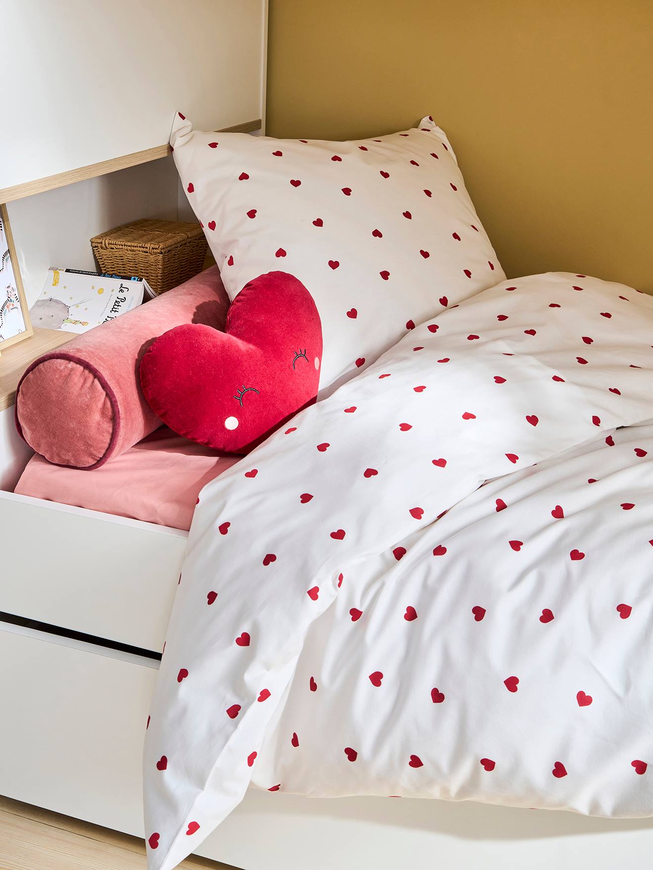 Parure housse de couette enfant et taie d'oreiller COEURS, avec coton recyclé blanc imprimé